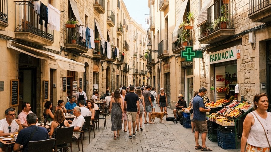 Historic pedestrian street with Mediterranean architecture