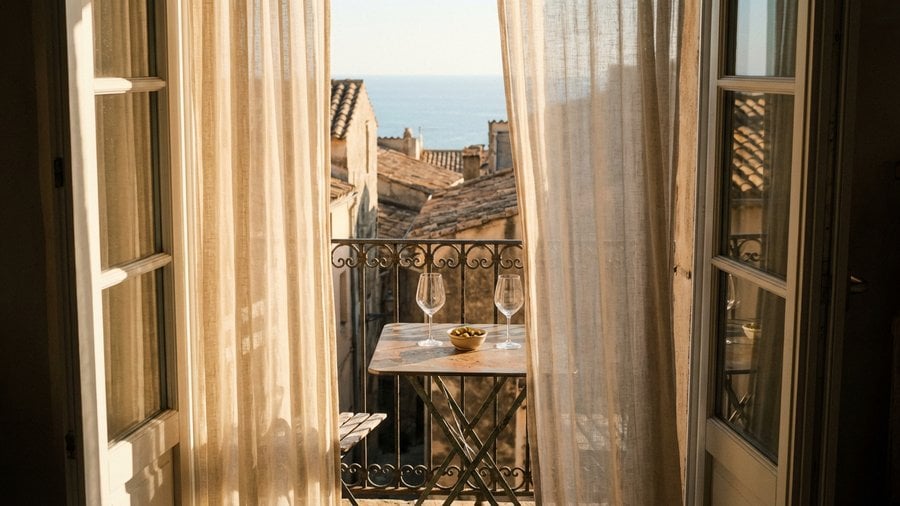 Family viewing a terrace with urban backdrop