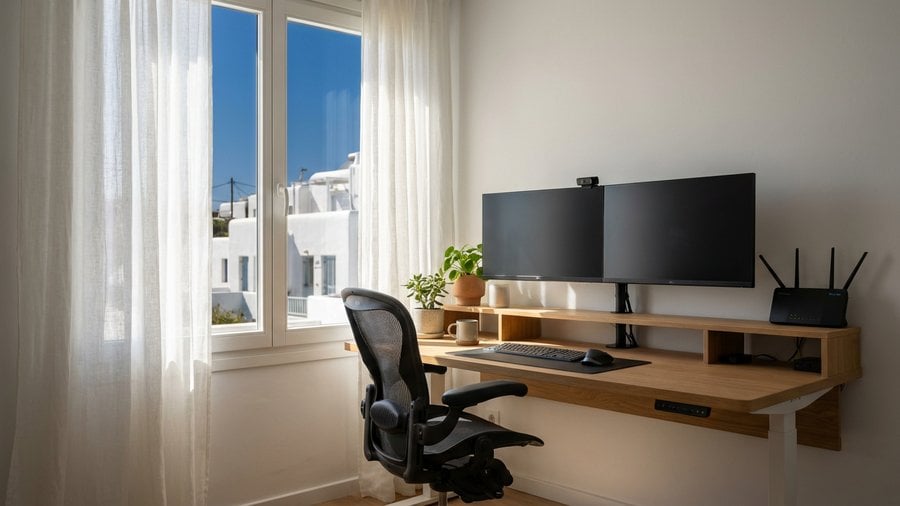 Contemporary interior with desk area and strong natural light